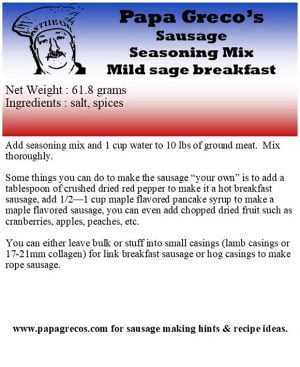 Product Label Papa Greco's Sausage Seasoning Mix Mild Sage Breakfast Sausage