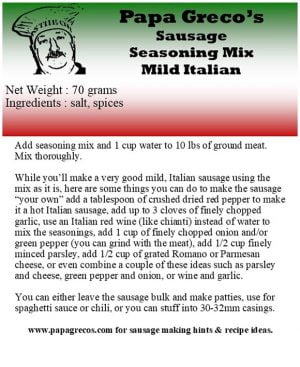 Product Label Papa Greco's Sausage Seasoning Mix Mild Italian