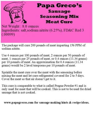 Product Label Papa Greco's Sausage Seasoning Mix Meat Cure